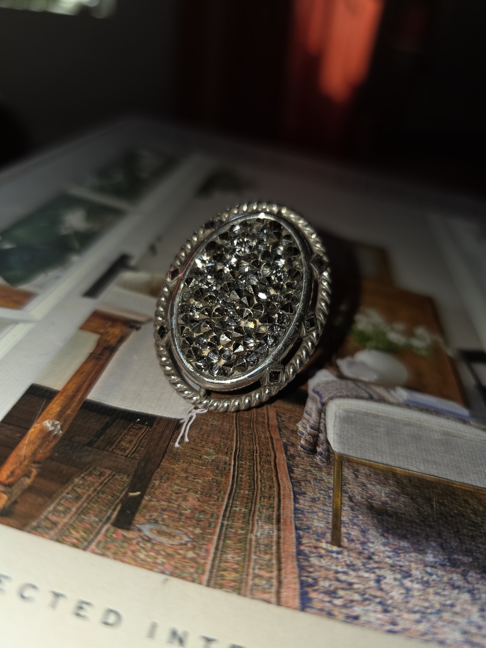 Silver-Tone Oval Crystal Statement Ring